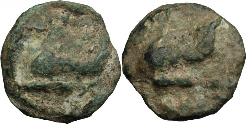 Greek Italy. Northern Apulia, Venusia. AE Cast Biunx, c. 215 BC. D/ Dolphin left...