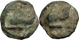 Greek Italy. Northern Apulia, Venusia. AE Cast Biunx, c. 215 BC. D/ Dolphin left; below, [two pellets]. R/ Dolphin left; above, VE ligate; below, [two...