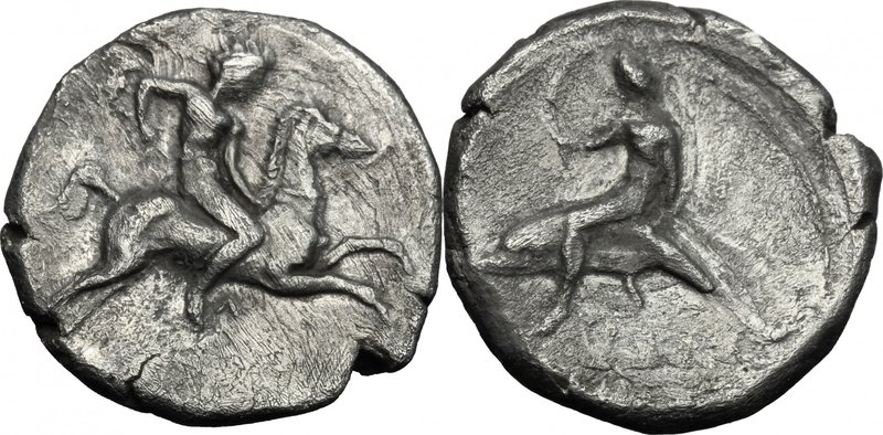 Greek Italy. Southern Apulia, Tarentum. AR Nomos, c. 400-390 BC. D/ Nude youth, ...