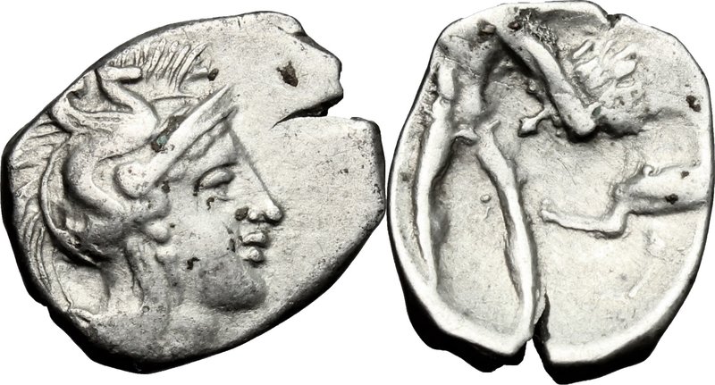 Greek Italy. Southern Apulia, Tarentum. AR Diobol, c. 380-325 BC. D/ Head of Ath...