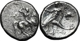 Greek Italy. Southern Apulia, Tarentum. AR Nomos, c. 272-240 BC. D/ Nude warrior on horseback right, holding shield and two lances in left hand, spear...