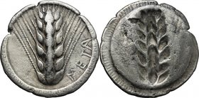 Greek Italy. Southern Lucania, Metapontum. AR Stater, 510-470 BC. D/ Six-grained barley ear with small additional terminal grains; META to right. R/ I...