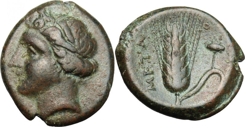 Greek Italy. Southern Lucania, Metapontum. AE 16, c. 300-250. D/ Head of Demeter...