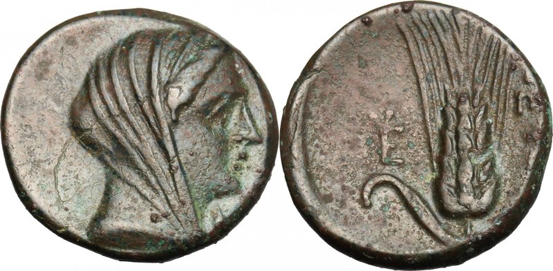 Greek Italy. Southern Lucania, Metapontum. AE 16, c. 300-250. D/ Veiled head of ...