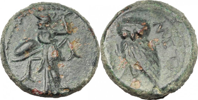 Greek Italy. Southern Lucania, Metapontum. AE 15 mm. late 3rd cent. BC. D/ Athen...
