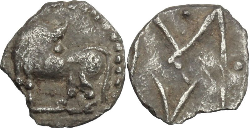 Greek Italy. Southern Lucania, Sybaris. AR Obol, 550-510 BC. D/ Bull standing le...