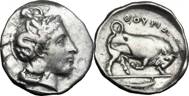 Greek Italy. Southern Lucania, Thurium. AR Nomos, circa 400-350 BC. D/ Head of A...