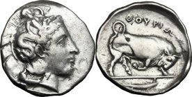 Greek Italy. Southern Lucania, Thurium. AR Nomos, circa 400-350 BC. D/ Head of Athena right, wearing Attic helmet decorated with Skylla. R/ ΘΟΥΡΙΩΝ. B...