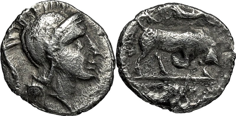 Greek Italy. Southern Lucania, Thurium. AR Diobol, c. 350-300 B.C. D/ Helmeted h...