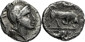 Greek Italy. Southern Lucania, Thurium. AR Diobol, c. 350-300 B.C. D/ Helmeted head of Athena right. R/ Bull butting right; in exergue, fish swimming ...