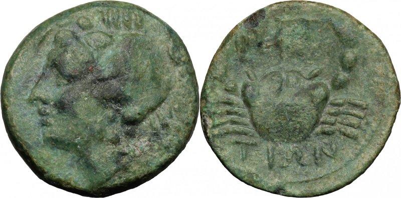 Greek Italy. Bruttium, Brettii. AE Quarter (Trihemiobol), 216-214 BC. D/ Head of...