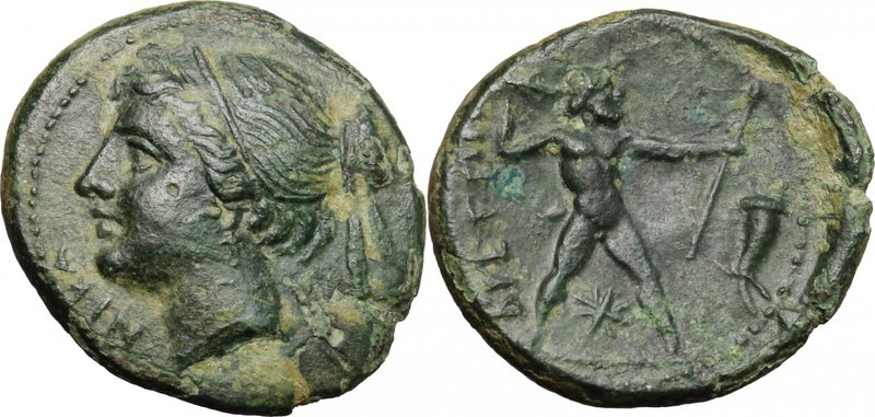 Greek Italy. Bruttium, Brettii. AE Half-Unit, c. 214-211 BC. D/ NIKA. Diademed h...