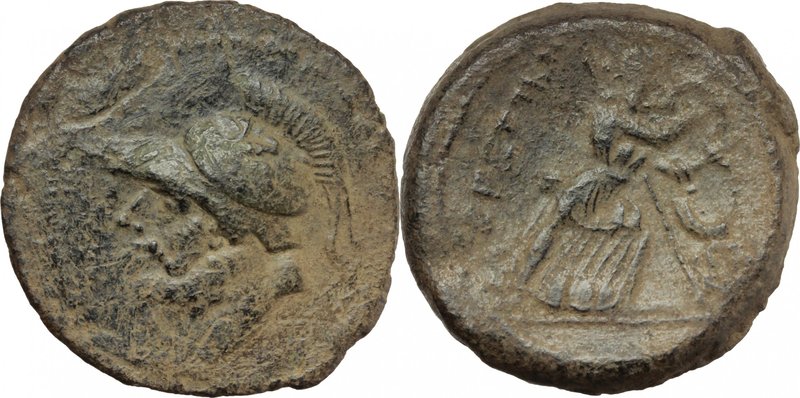 Greek Italy. Bruttium, Brettii. AE Double Unit, c. 211-208 BC. D/ Head of Ares l...