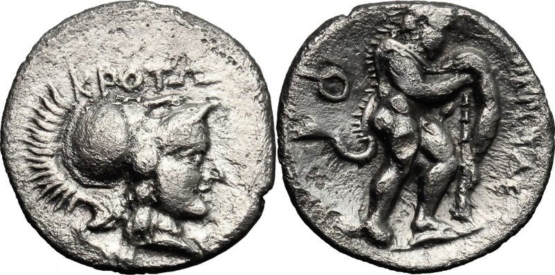 Greek Italy. Bruttium, Kroton. AR Triobol, c. 300-250 BC. D/ KPOTΩ. Helmeted hea...
