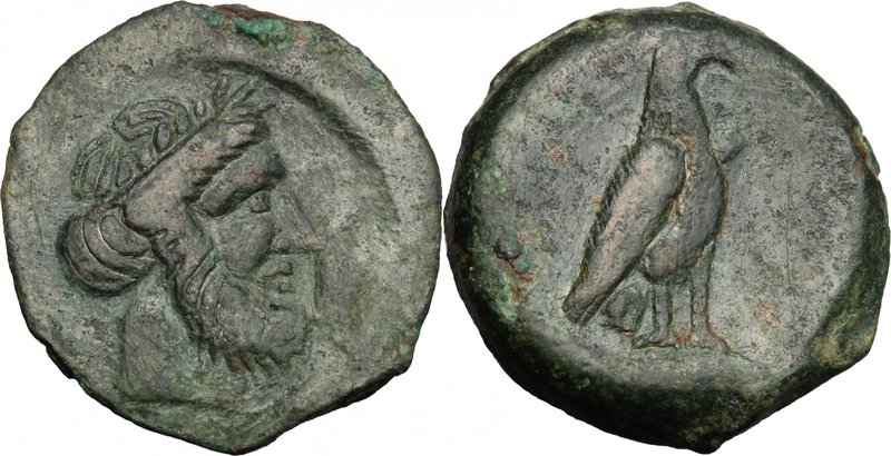 Greek Italy. Bruttium, Locri. AE 23 mm. c. 300-268. D/ Laureate head of Zeus rig...