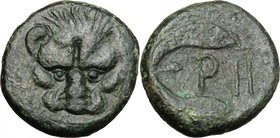 Greek Italy. Bruttium, Rhegion. AE Pentonkion (?), c. 425/420-415/410 BC. D/ Lion-mask. R/ PH between two leaves of olive-sprig. HN Italy 2520; SNG AN...