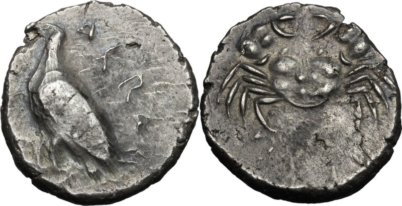 Sicily. Akragas. AR Didrachm, 510.495 BC. D/ ΑΚΡΑC[ΑΝΤΟΣ]. Sea eagle standing le...