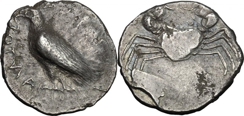 Sicily. Akragas. AR Didrachm, 510.495 BC. D/ [ΑΚΡΑC]ΑΝΤΟΣ. Sea eagle standing le...