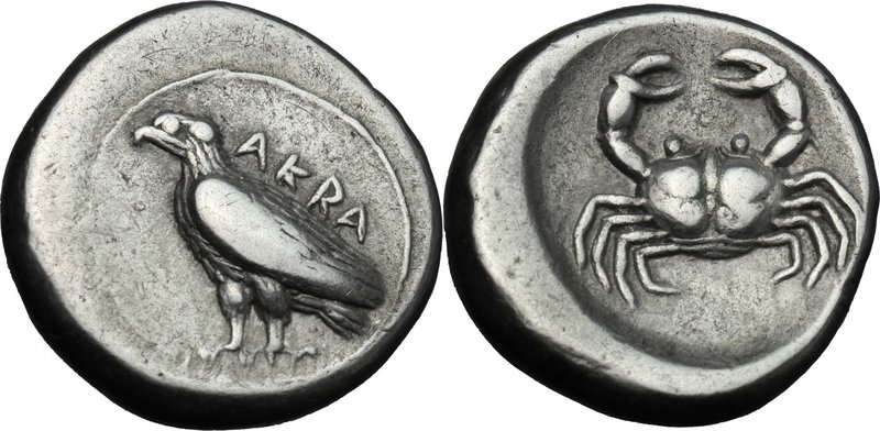 Sicily. Akragas. AR Didrachm, c. 500-495 BC. D/ AKRA. Sea eagle standing left. R...