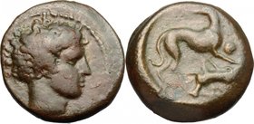 Sicily. Eryx. AE Onkia, c. 412-409 BC. D/ Bare head right. R/ Hound right, head left; pellet before, inverted hare below. CNS 13; Campana 35. AE. g. 3...