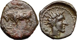 Sicily. Gela. AE Onkia, c. 420-405 BC. D/ ΓΕΛΑΣ. Bull standing left; pellet in exergue. R/ Head of young river god right; barley grain behind. CNS 6; ...