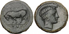 Sicily. Gela. AE Tetras, c. 420-405 BC. D/ ΓΕΛΑΣ. Bull standing left; in exergue, three pellets. R/ Diademed and horned head of young river-god right....