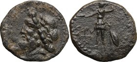 Sicily. Panormos. AE 22 mm, after 241 BC. D/ Laureate head of Zeus left. R/ Warrior standing left, holding patera and spear; shield at side; two monog...