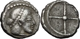 Sicily. Syracuse. Deinomenid Tyranny (485-466 BC). AR Obol, struck circa 475-470 BC. D/ Diademed head of Arethusa right. R/ Wheel of four spokes. Boeh...