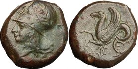 Sicily. Syracuse. Dionysos I (405-367 BC). AE Litra. D/ Head of Athena left, wearing olive-wreathed Corinthian helmet; behind neck, pellet; [ in front...