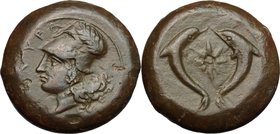 Sicily. Syracuse. Dionysios I (405-367 BC). AE Drachm, c. 380 BC. D/ ΣΥΡΑ. Helmeted head of Athena left. R/ Star between two dolphins. CNS 62; SNG ANS...