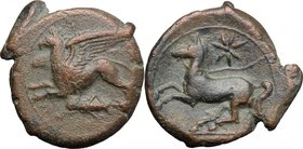 Sicily. Syracuse. Dionysios II (367-357 BC). AE 24 mm. "Kainon" issue. D/ Griffin springing left; below, grasshopper left. R/ Horse prancing left, tra...