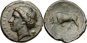 Sicily. Syracuse. Fourth democracy (c. 289-287 BC). AE Trias (?), c. 289-285 BC. D/ ΣΥΡΑΚΟΣΙΩΝ. Head of Kore left; grape bunch behind. R/ Bull butting...