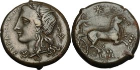 Sicily. Syracuse. Hiketas II (287-278 BC). AE Litra 23.5 mm. D/ ΣΥΡΑΚΟΣΙΩΝ. Wreathed head of Persephone left; barley ear behind. R/ Charioteer driving...