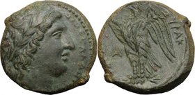 Sicily. Syracuse. Hiketas II (287-278 BC). AE Litra. D/ Youthful head of Zeus Hellanios right. R/ ΣΥΡΑΚ - [ΟΣΙΩΝ]. Eagle standing left on thunderbolt,...