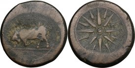Sicily. Tauromenion. Campanian Mercenaries. AE Hemilitron, c. 354-344 BC. D/ Bull butting left; [ TA monogram above]. R/ Star of 16 rays, with pellet-...