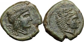 Sicily. Thermae Himerenses. AE 14 mm, c. 407-406 BC. D/ Head of Hera right, wearing stephane decorated with three palmettes. R/ Head of Herakles right...