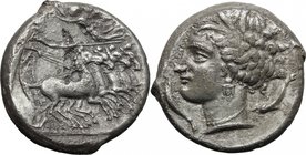 Punic Sicily. AR Tetradrachm, circa 340 BC. D/ Quadriga right. Above, Nike flying left to crown charioteer, wearing long chiton. In exergue, [RShMLQRT...