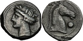 Punic Sardinia. AE 20 mm, c. 300-264 BC. D/ Wreathed head of Tanit left. R/ Horse head right; before, pellet. SNG Cop. 164-169. Piras 8. AE. g. 5.70 m...
