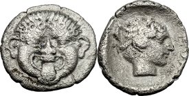 Continental Greece. Macedon, Neapolis. AR Hemidrachm, 424-350 BC. D/ Gorgoneion. R/ Head of nymph right within incuse square. SNG ANS 430-54. AR. g. 1...