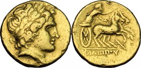 Continental Greece. Kings of Macedon. Philip II (359-336 BC). AV Stater, Pella mint. D/ Head of Apollo right, wearing laurel-wreath. R/ Charioteer, ho...
