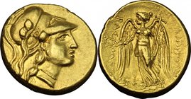 Continental Greece. Kings of Macedon. Philip III Arrhidaios (323-317 BC). AV Stater, uncertain mint in the region of the Black Sea. D/ Helmeted head o...