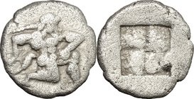Continental Greece. Thrace, Thasos. AR Diobol, 500-480 BC. D/ Satyr kneeling right. R/ Quadripartite incuse square. Le Rider, Thasiennes 4. AR. g. 1.2...
