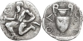 Continental Greece. Thrace, Thasos. AR Trihemiobol, 411-340 BC. D/ Satyr kneeling left, holding kantharos. R/ ΘΑΣ ΙΩΝ. Amphora. SNG Cop. 1029-1030. Le...