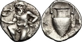 Continental Greece. Thrace, Thasos. AR Trihemiobol, c. 340-300 BC. D/ Satyr kneeling half-left, holding kylix. R/ ΘΑΣ-[Ι]ΩΝ. Amphora. Le Rider -; SNG ...
