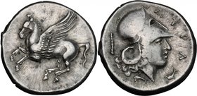 Continental Greece. Illyria, Dyrrhachion. AR Stater, after 350 BC. D/ Pegasos flying left. R/ ΔΥΡΑ. Helmeted head of Athena right; club behind, two do...