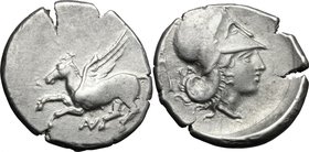 Continental Greece. Akarnania, Anactorium. AR Stater, c. 320-290 BC. D/ Pegasos flying left; AN monogram below. R/ Helmeted head of Athena right; A an...