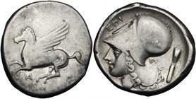 Continental Greece. Akarnania, Anactorium. AR Stater, c. 320-280 BC. D/ Pegasos flying left; retrograde AN monogram below. R/ Helmeted head of Athena ...