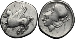 Continental Greece. Akarnania, Leukas. AR Stater, c. 320-280 BC. D/ Pegasos flying left; below, Λ. R/ Helmeted head of Athena left, Λ and stylis to ri...