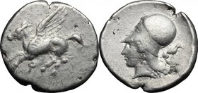 Continental Greece. Corinthia, Corinth. AR Stater, c. 400-375 BC. D/ Pegasos flying left; below, koppa. R/ Helmeted head of Athena left; to right, hou...