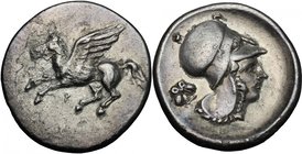 Continental Greece. Corinthia, Corinth. AR Stater, c. 400-375 BC. D/ Pegasos flying left, below, koppa. R/ Helmeted head of Athena right; double-bodie...